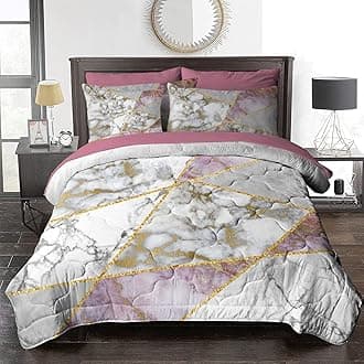 BlessLiving Marble Comforter Set, 8 Pieces Pink Gold Grey Marble Bed Set with Comforter and Sheets Modern Bed in a Bag for Teens Girls Adults Women, Faux Gold Bedding Sets (Full)