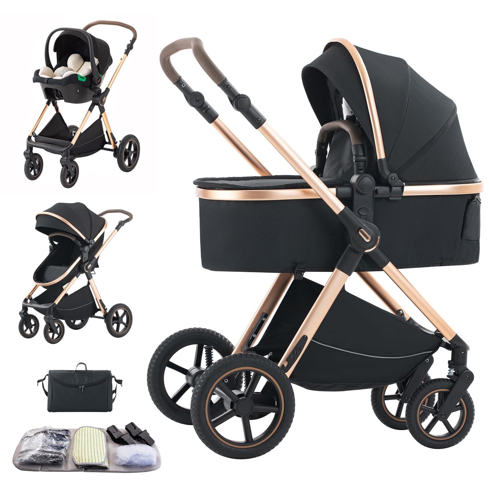 3 in 1 Baby Stroller with Height Adjustable Handle,3 in 1 Prams Travel System, Lightweight Foldable Pushchair, Prams with Aluminum Frame for Portable Baby Carriage