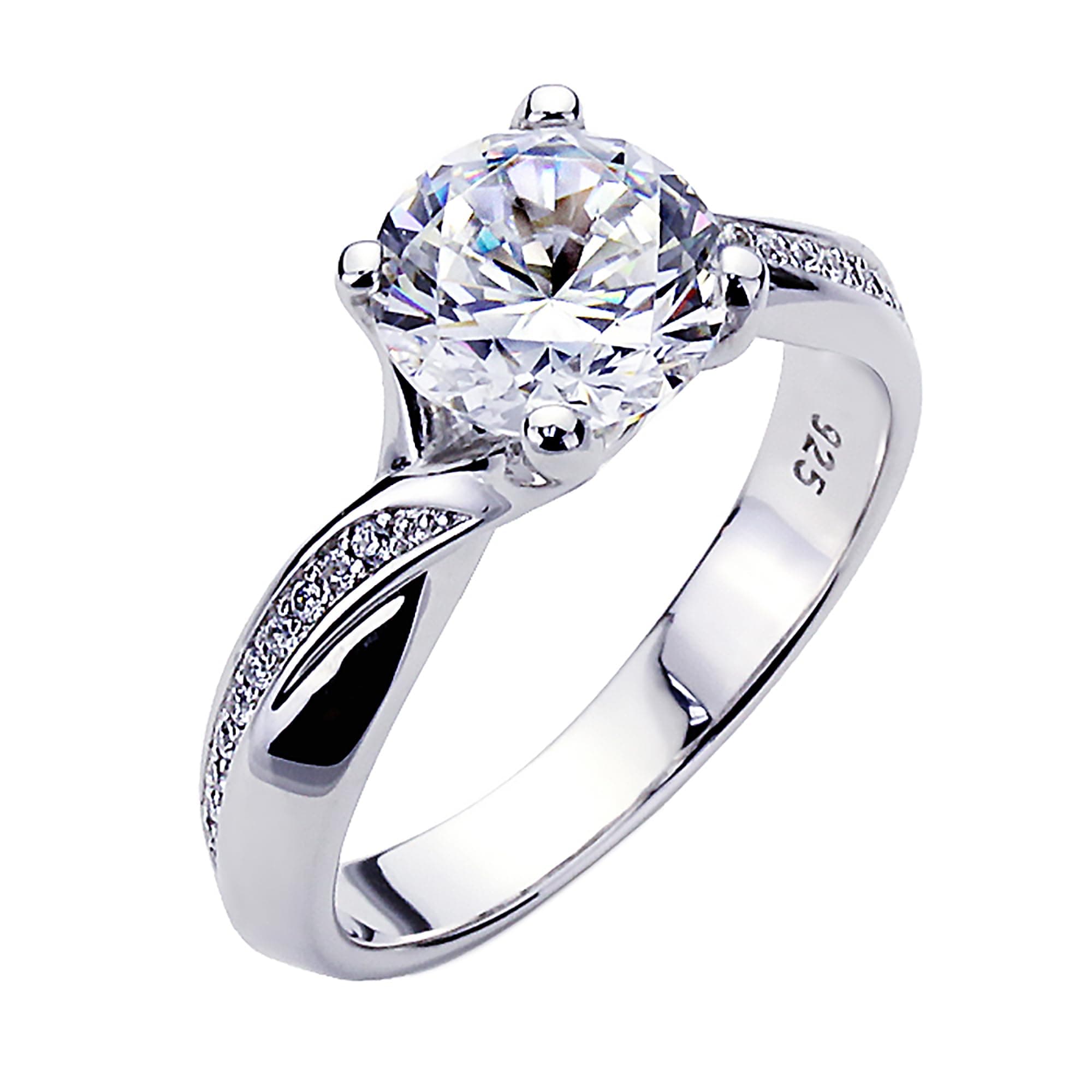 DoubleAccent Platinum Plated Sterling Silver Ring 2 CT Round CZ Stone Solitaire Bypass Wedding Engagement Ring (Size 5 to 9)