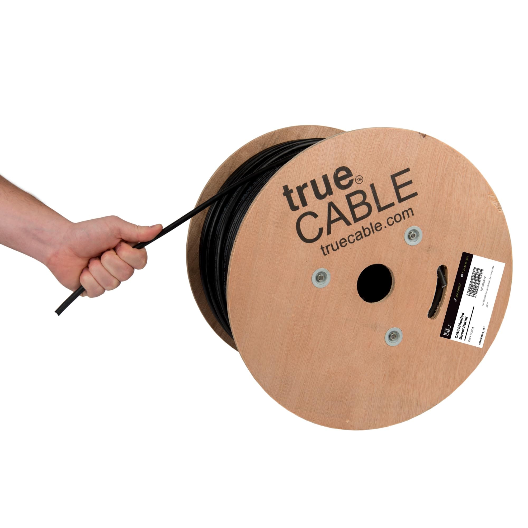 Cat6 Direct Burial Outdoor Bulk Ethernet Cable, Shielded F/UTP, 1000ft, Black, 23AWG Solid Bare Copper, Heavy Duty Outdoor, OSP Jacket, Waterproof, UV, 550MHz, PoE++ 100W (4PPoE)