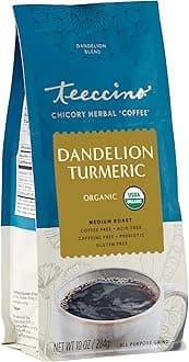 Teeccino Dandelion Turmeric Herbal Coffee - Caffeine-Free Coffee Alternative with Prebiotics, Gluten Free, Acid Free, Organic - Medium Roast, 10 oz