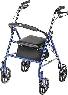 Drive Medical Rollator Walker with Seat - Stable Mobility Support - Height Adjustable - Durable Steel Frame Construction - Smooth 7.5" Wheels - Foldable - 350 Lb Limit - Blue