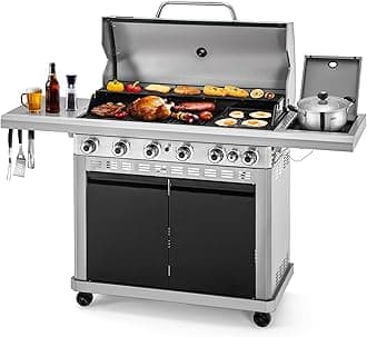 MFSTUDIO 6 Burner BBQ Propane Gas Grill with Side Burner & Porcelain-Enameled Cast Iron Grates, Grill Griddle Combo for Outdoor Barbecue, 740 SQ.IN. Large Cooking Area