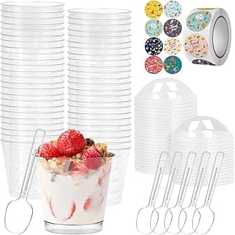 Pack of 50 Mini Dessert Cups, 210 ml Dessert Pots with Lids, Spoons and Stickers, Transparent Small Cups, Reusable Serving Dessert Bowl for Wedding, Birthday Parties, Cheesecake