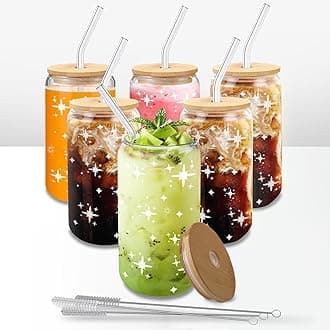 Glass Cups with Lids and Straws 6Pcs,Drinking Glasses with Lids,Cute Glass Cups for Ice Coffee,Beer,Whiskey,Soda,Matcha - 16 Oz,3 Brushes(Stars)