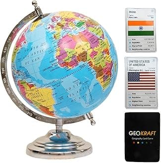 GeoKraft Educational 8 Inch Diameter, 10 Inch Height Political STEM Globe and Bonus country cards for Kids (Blue)