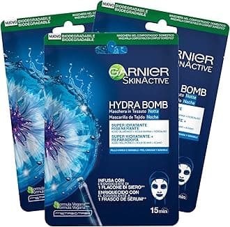 Garnier SkinActive Hydra Bomb Overnight Face Mask in Super Moisturizing Fabric Vegan Formula with Cornflower and Hyaluronic Acid with Regenerating Action Tired Sensitive Skin - 3 Disposable Masks
