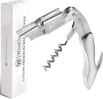 WineOp Professional Wine Opener Luxury Double Hinged Waiter's Corkscrew Wine Bottle Key - Cork screwer for Servers, Bartenders, Sommelier and Home Use | All-In-One Stainless Steel (Silver Handle)