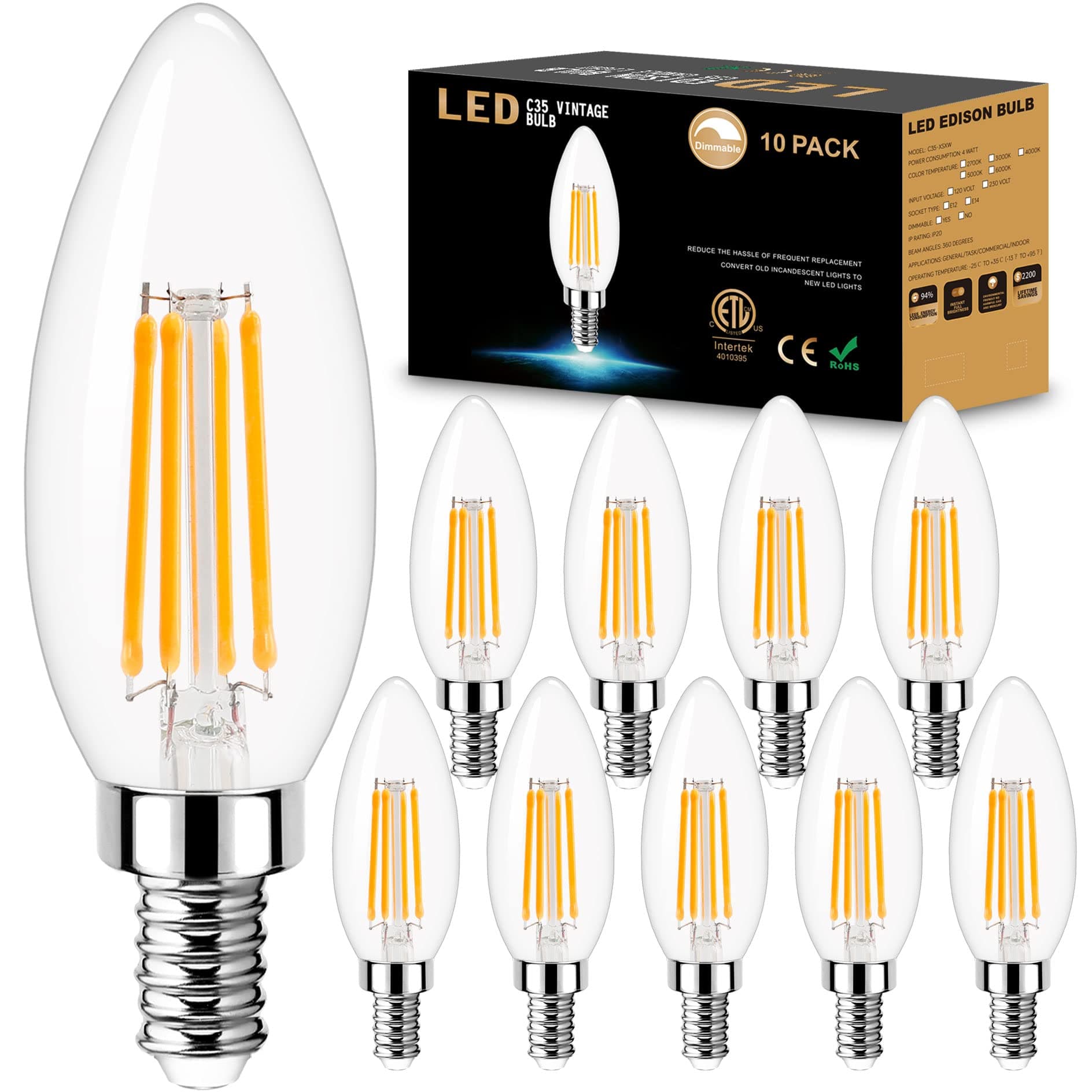 Dimmable Candelabra LED Light Bulb 40W Equivalent, E12 Chandelier Light Bulbs Warm White 3000K , 400LM, CRI 85+, B11 Type B Ceiling Fan Bulb 4W, Clear Filament Candle Light Bulbs Small Base, 10 Pack