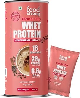 Foodstrong Whey Protein Powder, Grass-fed, 100% Whey, Daily Protein, Cold Coffee, 23.9g Protein, With Turmeric, Green Tea, Ashwagandha & Digestive Enzymes, 16 sachets, More than 500g