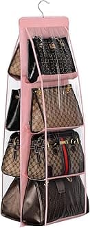 Lirex Handbag Hanging Purse Organizer for Closet, 8 Pocket Handbag Storage Organizer Hanger Oxford Cloth Closet Organizer for Family Closet Bedroom, Foldable and Universal Fit, Light Pink