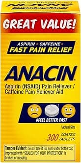 Anacin Aspirin/Caffeine Pain Reliever Aid | Fast Pain Relief | 300 Tablets