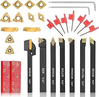 Indexable Lathe Turning Tool 21Pcs Kit 1/4'' 6mm Shank 7Pcs Metal Lathe Tools Holder Set with 14Pcs Turning Inserts for Turning Grooving Threading Boring Carbide Inserts Carbide Turning Tool
