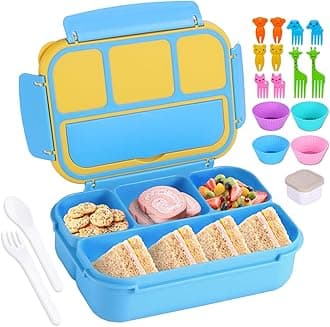 Bento Box for Kids and Adults - 4 Compartments, 40 Oz/5 Cup Lunch Container With Utensils, Sauce Jar, Muffin Liners for School - Blue