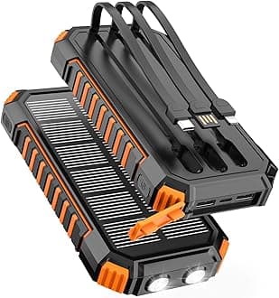 FEELLE Solar Charger for Outdoor: 27000mAh Power Bank with Built-in Cables - 15W Fast Charging Portable Charger with 2 Flashlights for iPhone Android -External Battery Pack for Camping Emergency