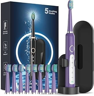 Rtauys M5 Sonic Electric Toothbrush for Adults and Kids - Rechargeable Electric Toothbrush Kids Ages 12+ and Adults with 8 Brush Heads & Travel Case, 120 Days Battery Life - Purple