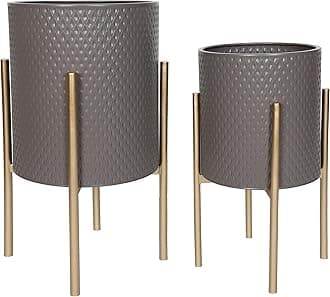 Sagebrook Home Set of 2 Diamond Planter On Metal Stand, Gray/Gold – 19 &23"