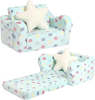 Toddler Couch, 2-in-1 Kids Soft Couch Fold Out with Star Pillow, Foldable Sofa to Lounger, Medium, Colorful Heart