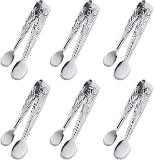 6PCS Mini Serving Tongs, 4Inch Rose Stainless Steel Sugar Cube Tongs, Sliver Small Ice Tongs for Tea and Coffee Party, Appetizers, Desserts (6PCS Silver)