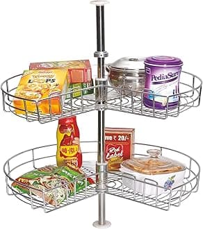 SmartSlide Stainless Steel 2 Shelf Kitchen Corner Cabinet Organizer/Modular Kitchen Basket/Multifunctional Storage Rack/Adjustable Height Kitchen Carousel Unit (Carousel 28 Inch)