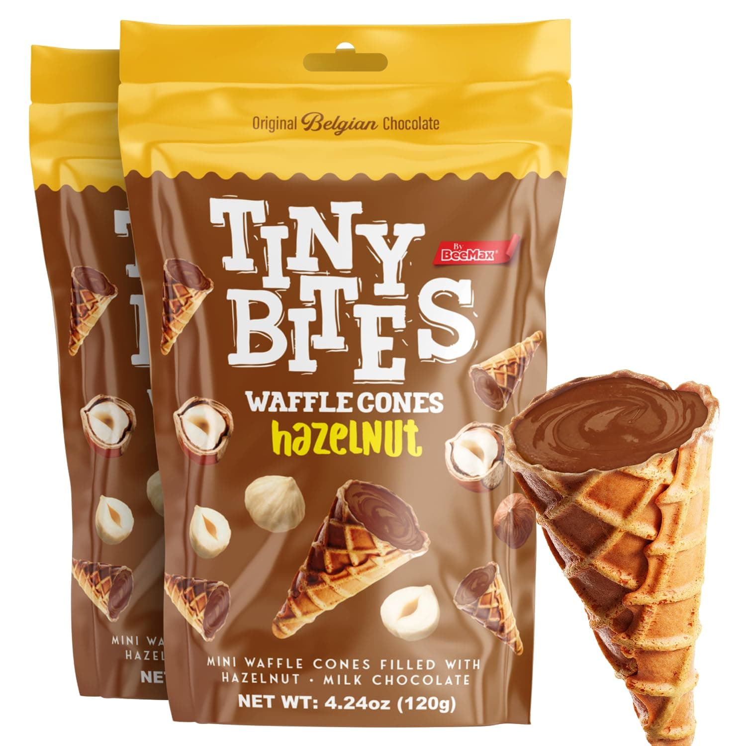 Tiny Bites Hazelnut Mini Waffle Cones, Perfect Blend of Crispy Filled with Milk Chocolate, Bite-Sized Snack for Dessert or Ice Cream Toppings, 4.24 oz Bag, 2-Pack