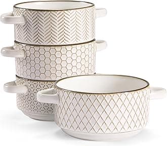 Ceramic Soup Bowls with Handles, Embossed, for French Onion Soup, Pastas, Ramen, Stews, Microwave & Dishwasher Safe, Ivory with Hand-Painted Rim, Set of 4, 24 oz, Narbonne Collection