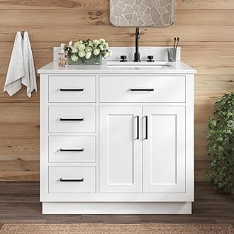 ARIEL Bathroom Vanity 37" White with Italian Carrara Marble Countertop & Backsplash, Right Rectangular Sink, 2 Soft Closing Doors, 5 Full Extension Dovetail Drawers, Toe Kick, Matte Black