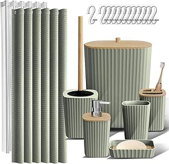 Bathroom Accessories Set - Bathroom Accessory Set with Shower Curtain Set, Toilet Brush, Trash Can & Soap Dispenser (Sage Green, Complete Set)