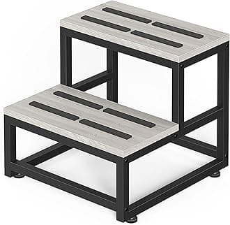 LIANTRAL Heavy Duty 2 Step Stool for Adults, Footstool with Adjustable Feet & Anti-Slip Steps, 500 lbs Capacity Sturdy Metal Frame Bed Step, Wooden Step Stool for Kitchen, Bathroom, Bed, RV, Gray