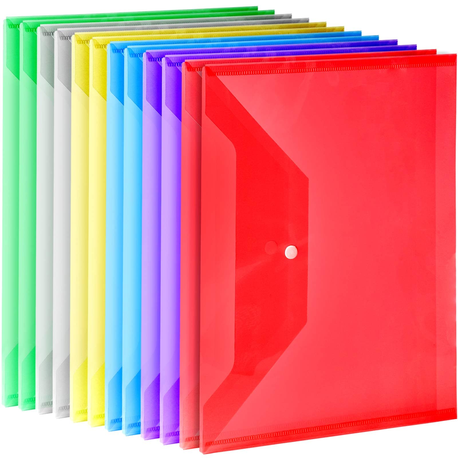 LEOBRO Plastic File Folders, 12 PCS A4 Plastic Envelopes with Snap Closure, Folders for Document, Reusable File Bags, Document Holder, for School Office