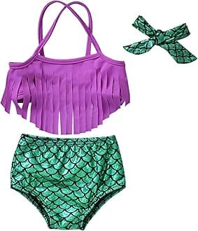 Kids Toddler Baby Girl Mermaid Swimsuits Halter Swimwear Bikini Set with Headband 3Pcs Set