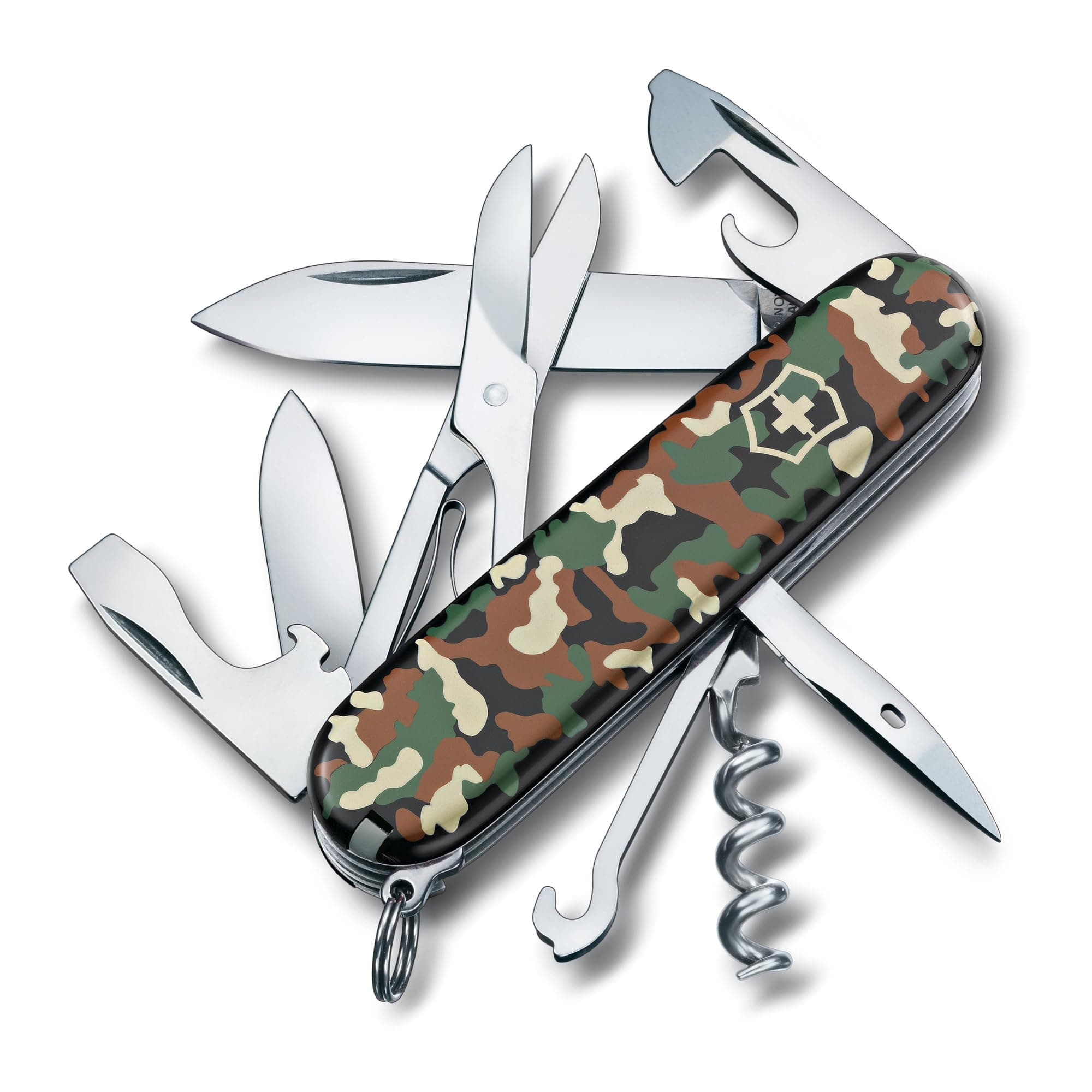 Climber Swiss Army Pocket Knife, Medium, Multi Tool, 14 Functions, Blade, Bottle Opener, Camouflage