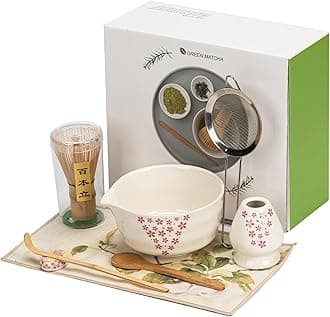 Matcha Set 8-Piece Japanese Tea Ceremony Kit with Ceramic Bowl, Bamboo Whisk & Holder, 2 Scoops, Strainer, Tea Cloth - Complete Gift Set for Traditional Brewing(Pink-Floral Print)