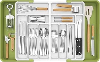 Lifewit Extra Large Cutlery Drawer Organiser, Expandable to 36 Inches Utensil Tray for Kitchen, Adjustable Silverware and Flatware Holder, Compact Plastic Storage for Spoons Forks Knives, Green&White
