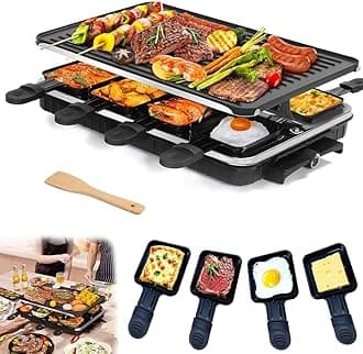 Raclette Grill Machine Electric 8 Persons Indoor BBQ Raclette Table Double Layer Smokeless Electric Grill 1300 W & 8 Cheese Non-Stick Griddle Plate & Adjustable Temperature Control
