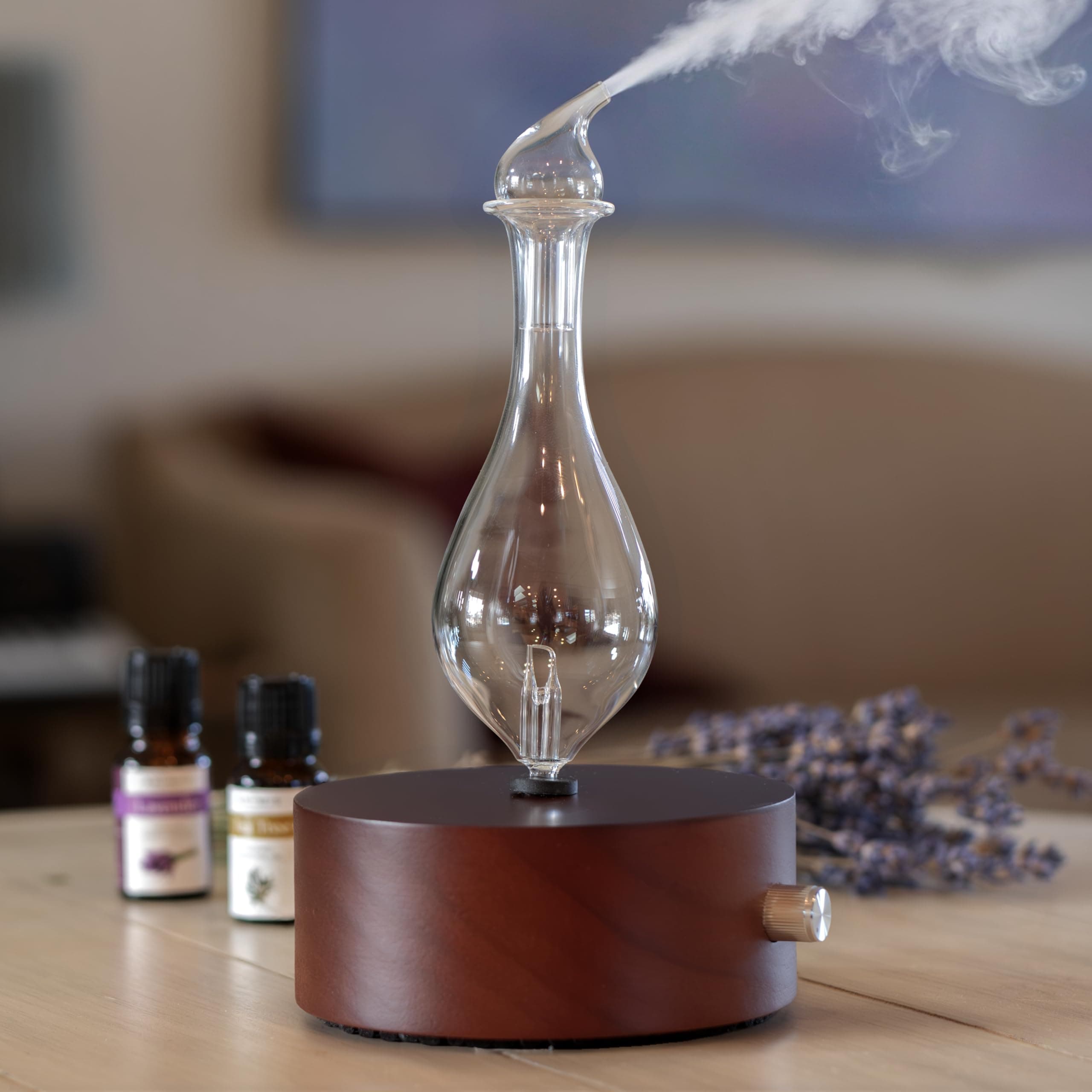 ArOmis Premium Glass Essential Oils Nebulizer - Waterless Diffuser for Aromatherapy - Handmade Oil Diffuser, Wooden Base, No Plastic, No Heat, No Battery, No LEDs - Solum Nox Merus