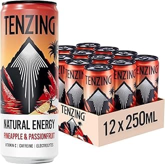 – TENZING Natural Energy Drink, Plant Based, Vegan, & Gluten Free Drink, Pineapple & Passionfruit, 250ml (Pack of 12) - Packaging may vary