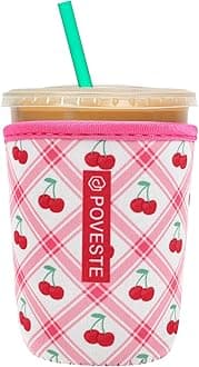 Reusable Neoprene Insulator Sleeve for Iced Coffee & Cold Soda, Coffee Sleeves for Iced & Hot Drinks, Cold Beverage Cooler Compatible with Starbucks, Dunkin (Cherry World, Small: 16-18oz)