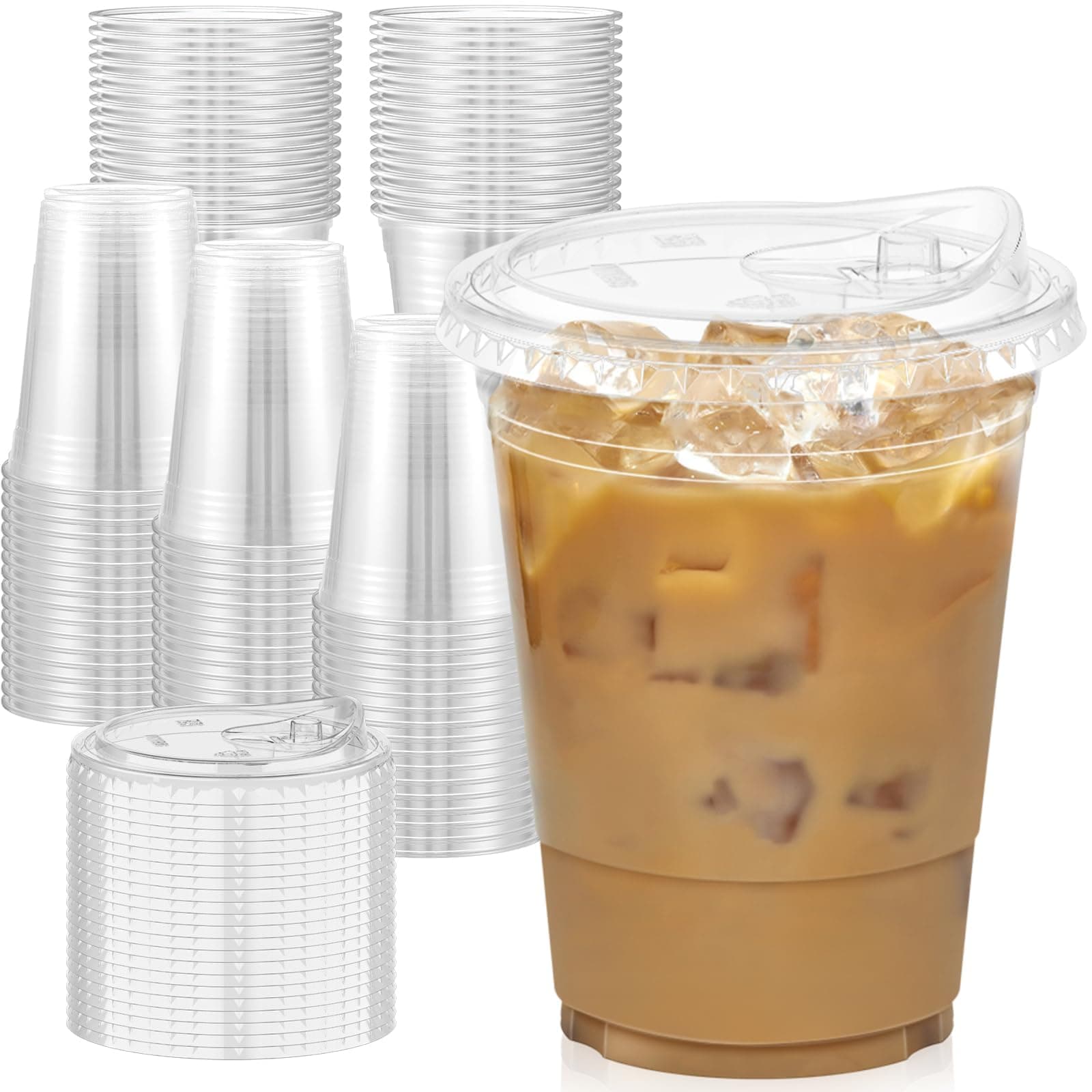 100 Pack - 16 oz Clear Plastic Cups with Lids, Sturdy & Food Safe Iced Coffee Cups with lids, Disposable Plastic Smoothie Cups for Cold Drinks, Sip Lids
