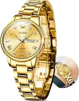 Luxury Ladies Watches,Women's Watch with Day and Date,Female Watch for Small Wrist,Gold Stainless Steel Watches for Women,Easy Read Ladies Wrist Watches Waterproof（Adjustable Strap