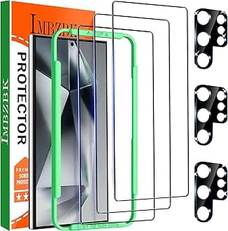 IMBZBK 3 Pack Screen Protector for Samsung Galaxy S24 Ultra Tempered Glass 3 Camera Lens Protector Accessories Case Friendly, Support Fingerprint Reader, Full Coverage