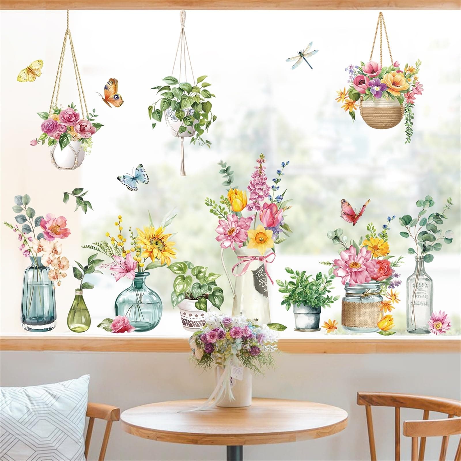 decalmile Potted Plants Window Clings Flowers Hanging Vines Plants Window Decals Anti-Collision Glass Window Doors Window Stickers
