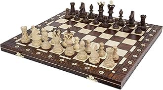 Wegiel Handmade European Ambassador Chess Set - Wooden 21 Inch Beech & Birch Board with Felt Base - Carved Hornbeam & Sycamore Wood Chess Pieces