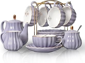Sweejar Porcelain Tea Sets British Royal Series, 8 OZ Cups& Saucer Service for 6, with Teapot Sugar Bowl Cream Pitcher Teaspoons and Tea Strainer for Tea/Coffee, Pukka Home (Milk Purple)