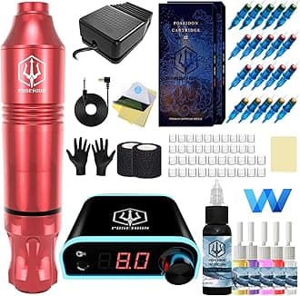 POSEIDON Rotary Tattoo Pen Kit for Beginners & Artists - Complete Tattoo Machine Set with Power Supply/20 Cartridge Needles/6 Ink Colors/Foot Pedal (TK019)
