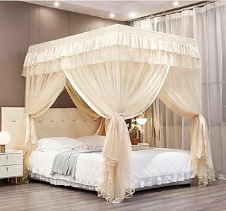 Mengersi Canopy Bed Curtains Queen Sizes,Bed Canopy for Girls Royal Luxurious Cozy Bed Drapes Girls Room Decor(Ivory,Queen)