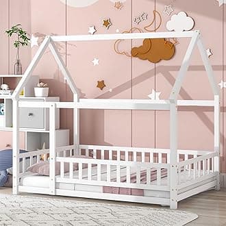 LLS Full Size Kids Floor Bed Frame with Roof, Wooden Montessori Floor Bed with Fence, House Bed for Boys Girls Bedroom, White