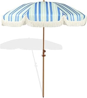 6.5ft Patio Umbrella with Fringe, Beach Umbrella, Fringe Umbrella Outdoor Patio with Hanging Hook, Tilting Aluminum Pole, UV 50+, Fiberglass Ribs, Blue Green