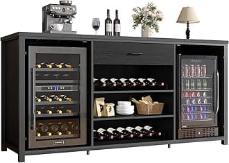 LVB Long Coffee Bar Cabinet with Fridge Space, Modern Wood Metal Large Wine Liquor Cabinet with Rack, Big Wide Sideboard Buffet Cabinet with Drawer Storage for Kitchen Dining Room, Black Oak, 70 Inch