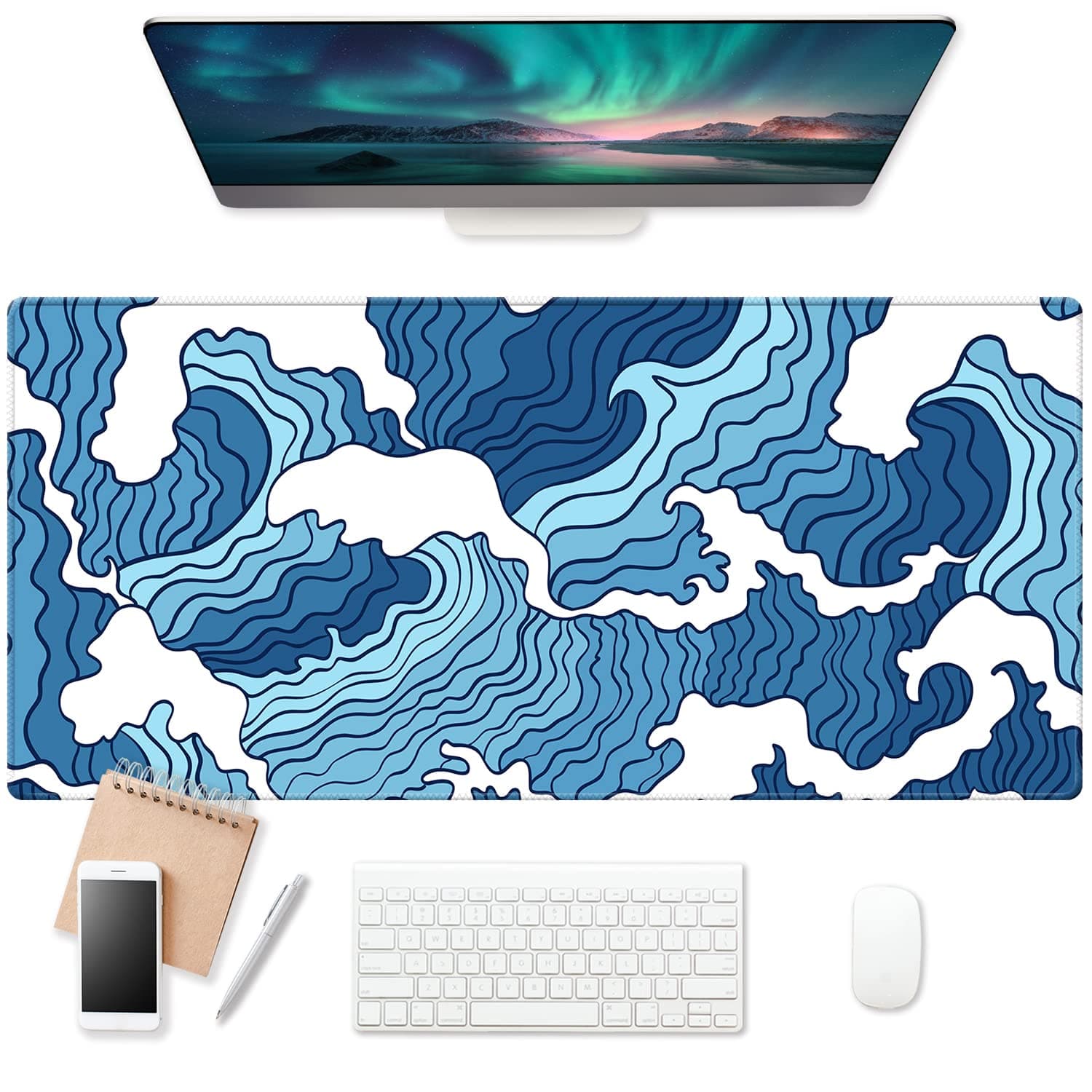 Blue Wave Large Gaming Mouse Pad (35.4×15.7 in, 3mm Thick), Non-Slip Rubber Base and Reinforced Lock Edges, XXL Extended Mousepad for Work, Game, Desk mat, Desktop Decoration